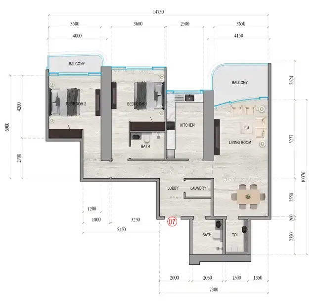 Al Ghaf Tower 2 bed floor plan, 1,476 sqft