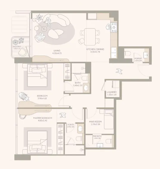 Isla Private Residences 2 bed floor plan, 1,230 sqft