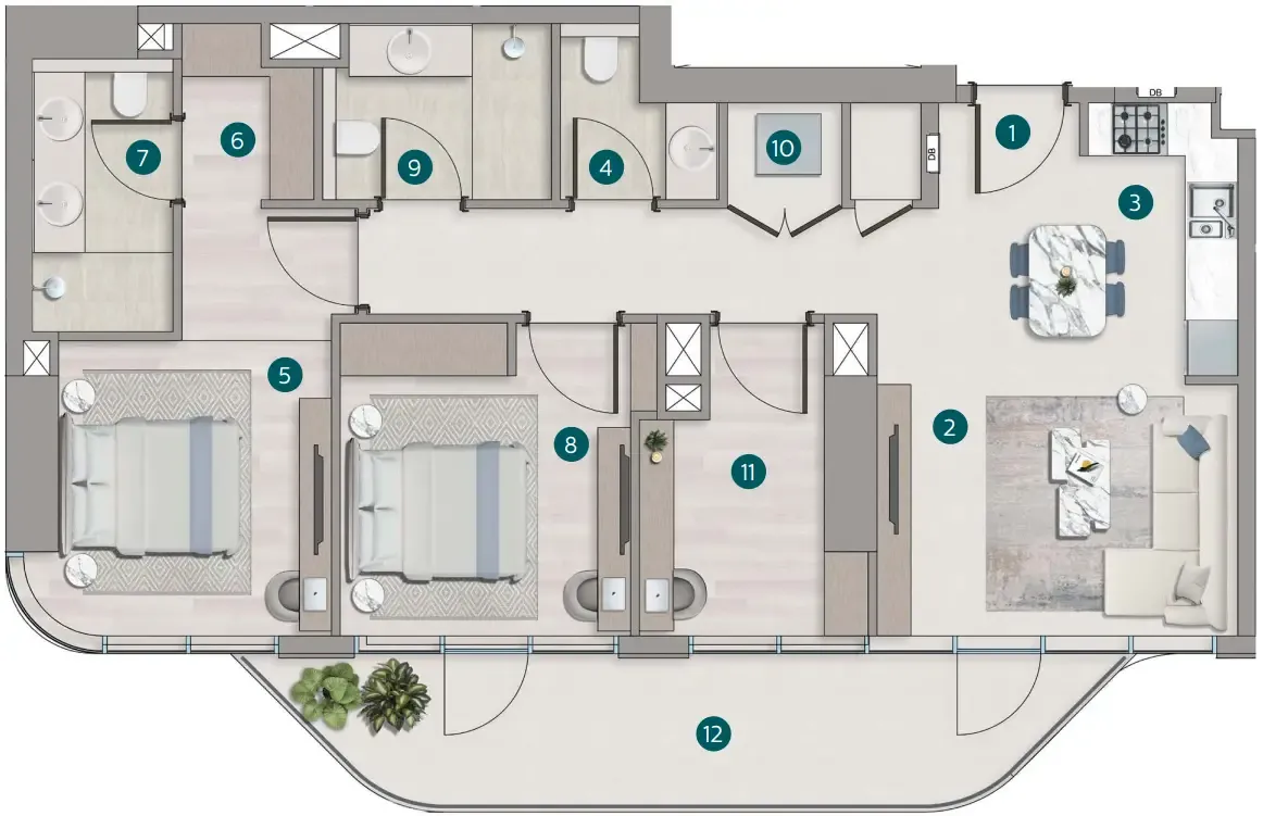 Flora Shore Beachside Residences 2 bed floor plan, 1,151 sqft