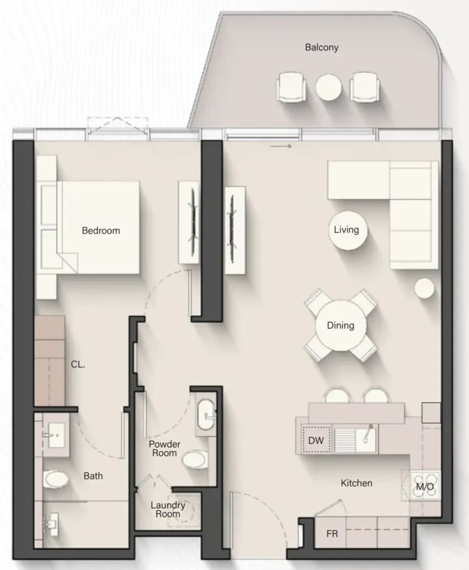 Portside Square 1 bed floor plan, 812 sqft