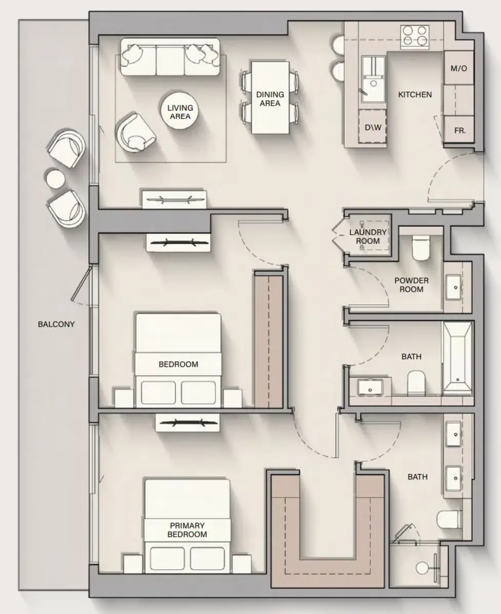 The Hillgate 2 bed floor plan, 1,247 sqft