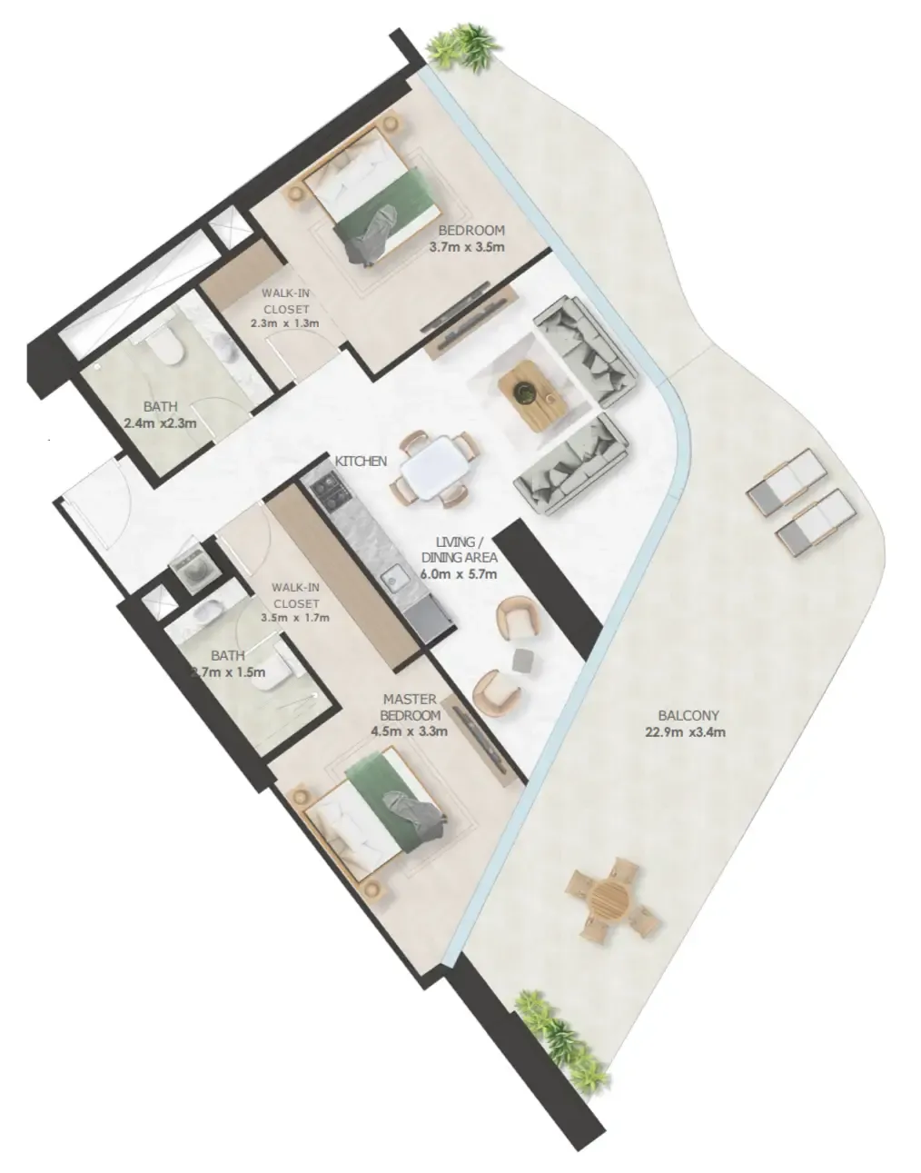 Oystra 2 bed floor plan, 1,685 sqft
