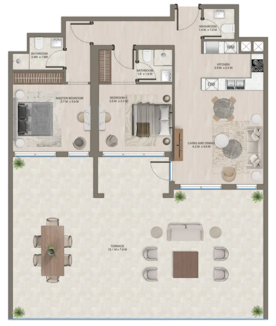The Corner 2 bed floor plan, 1,912 sqft