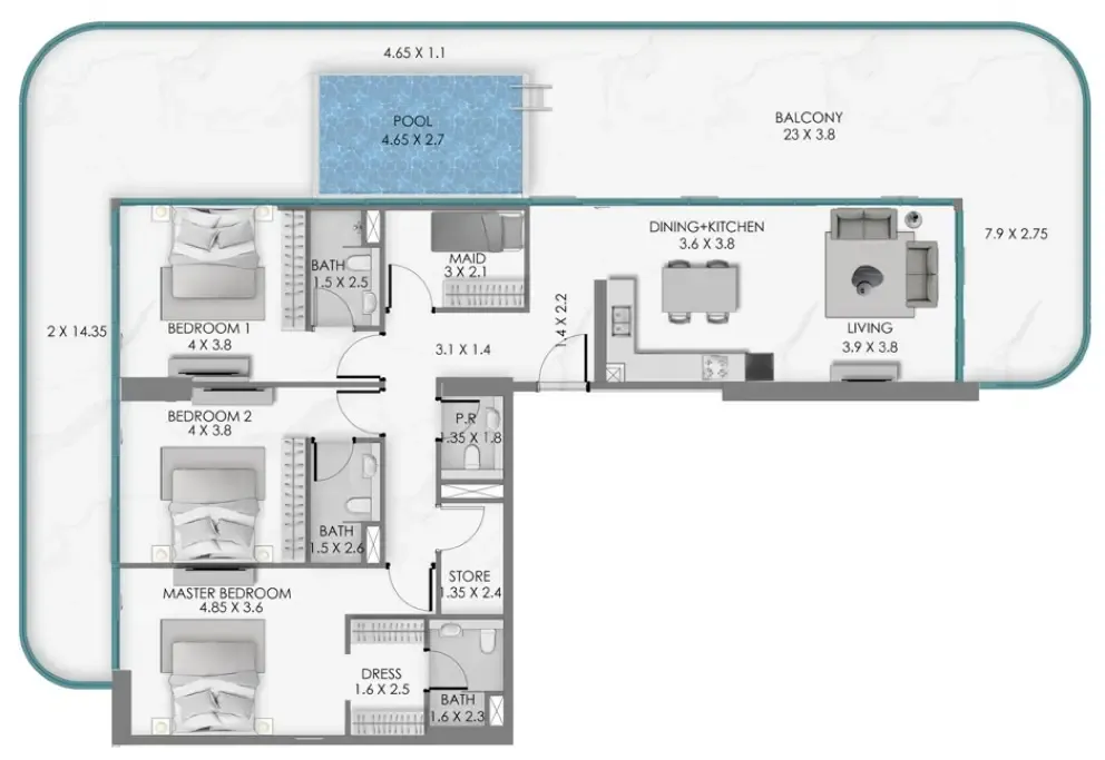 Samana Ocean Bay 3 bed floor plan, 2,697 sqft