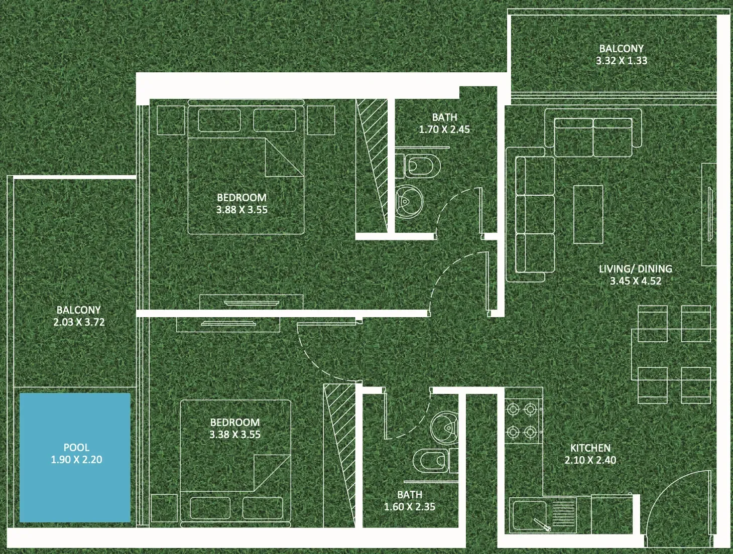 Sportz 2 bed floor plan, 840 sqft