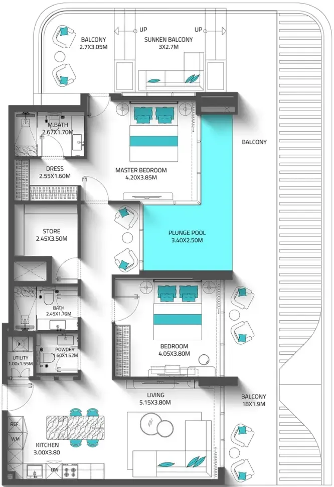 Reef 997 2 bed floor plan, 1,915 sqft