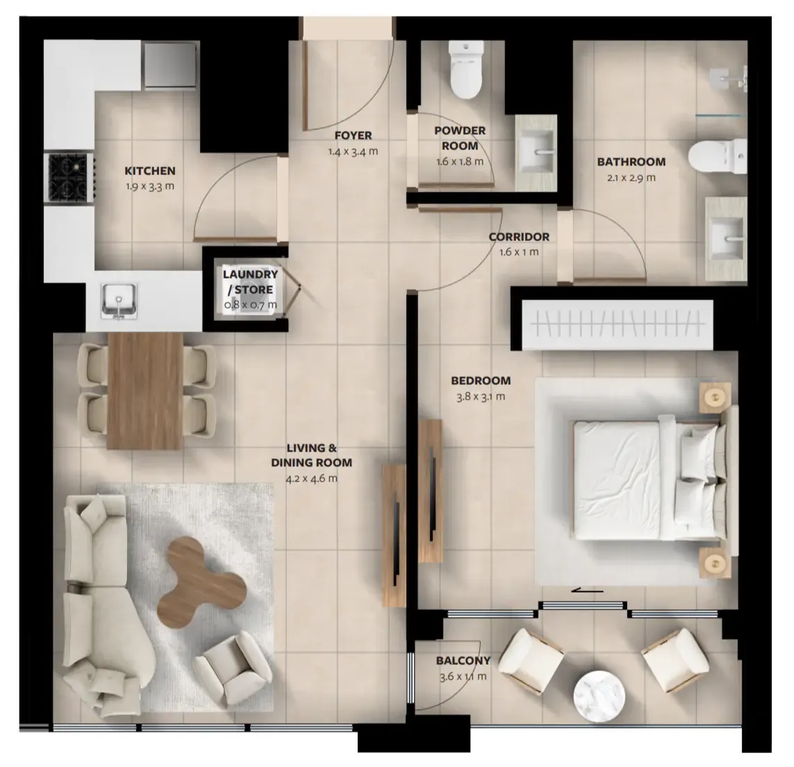 Waada Dubai South 1 bed floor plan, 748 sqft