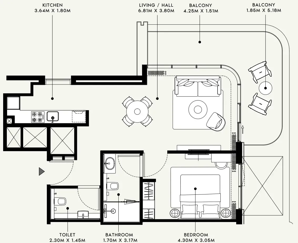 Azizi Venice 1 bed floor plan, 876 sqft