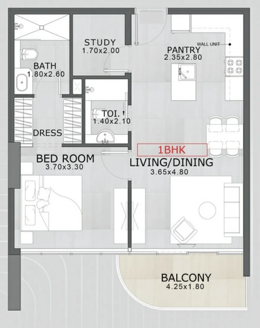 Floarea Skies 1 bed floor plan, 717 sqft