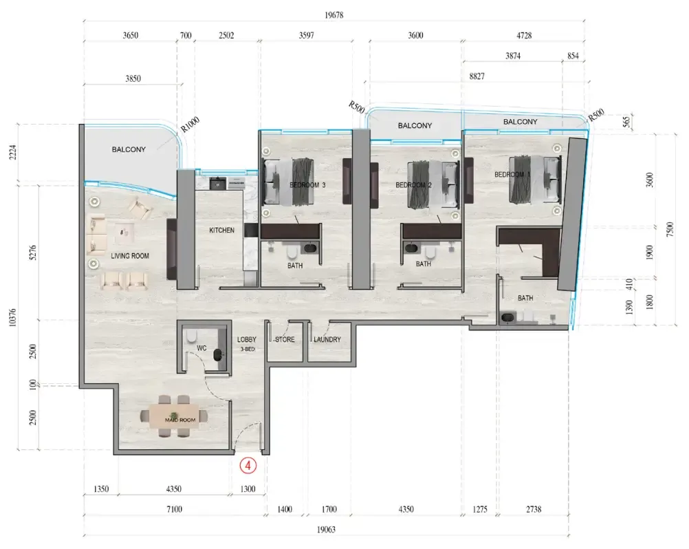 Al Ghaf Tower 3 bed floor plan, 1,910 – 2,082 sqft