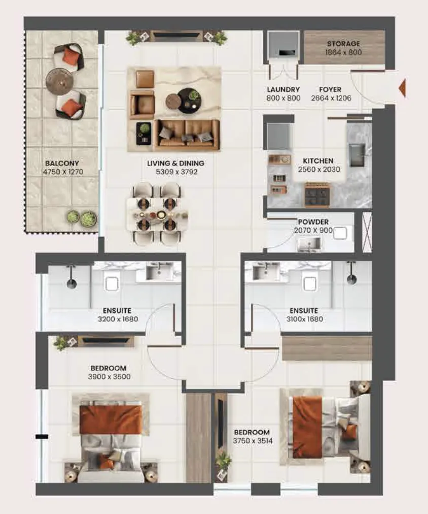 Sunvale 2 bed floor plan, 972 – 982 sqft