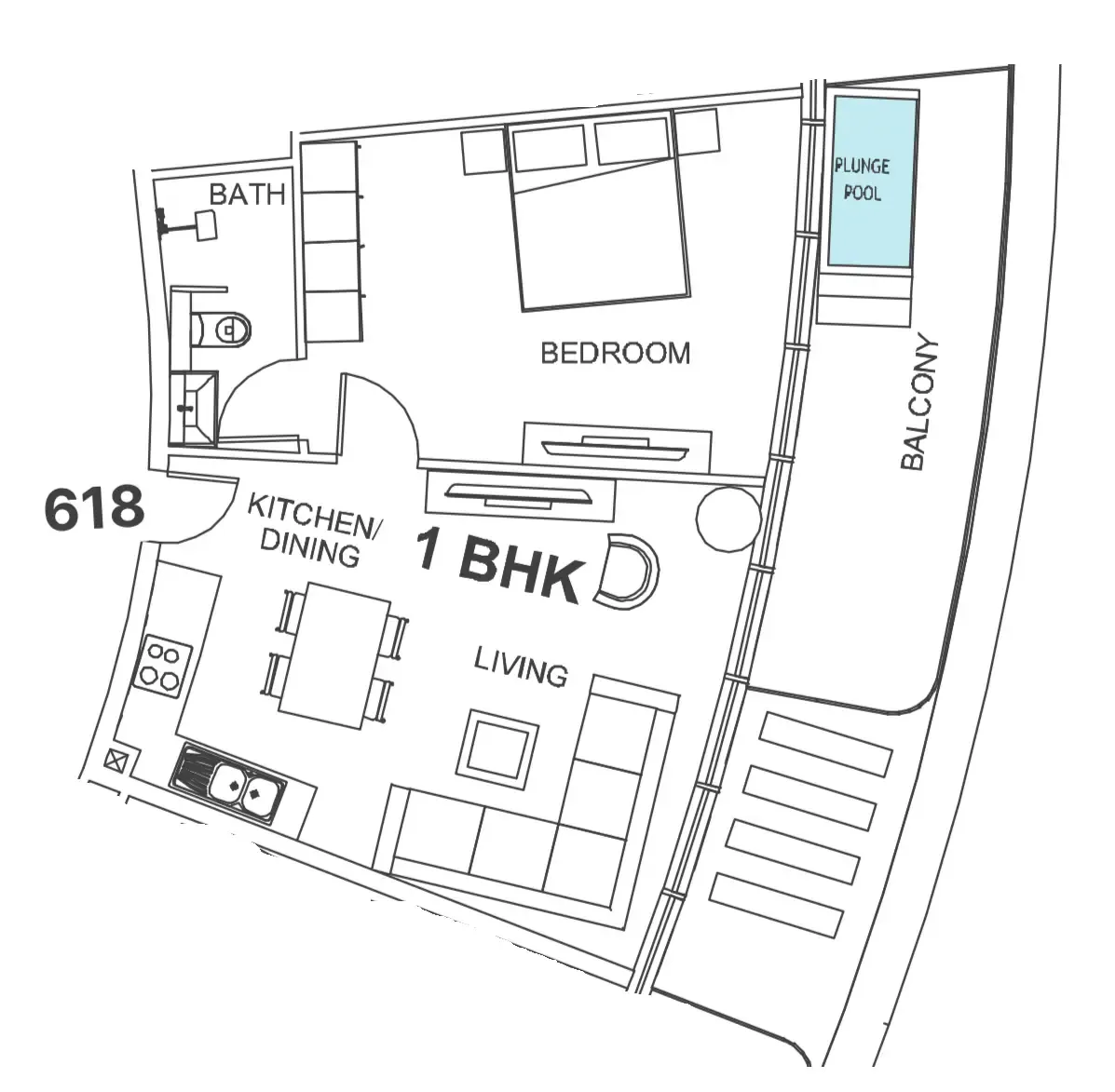 Villa Del Garda 1 bed floor plan, 733 sqft