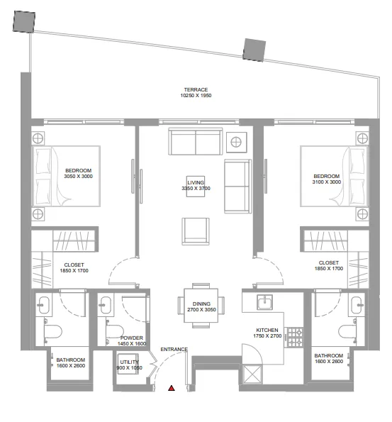 Bayside Marina Residences 2 bed floor plan, 1,080 sqft