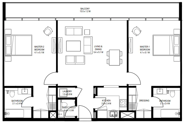 Nesba 1 Aljada 2 bed floor plan, 1,365 sqft