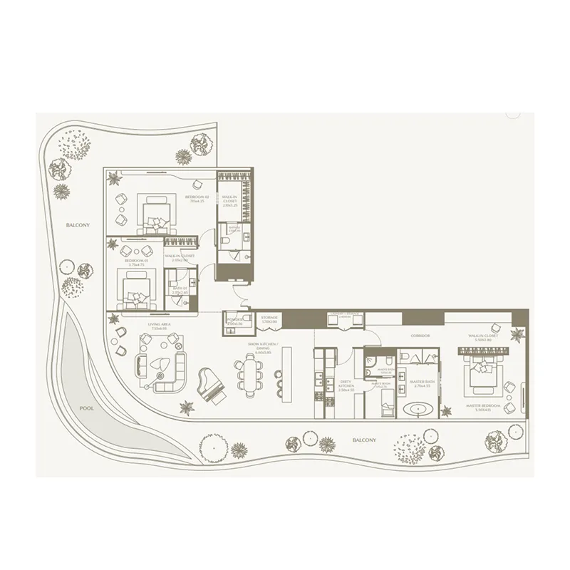 AYA Beachfront Residences 3 bed floor plan, 4,606 sqft