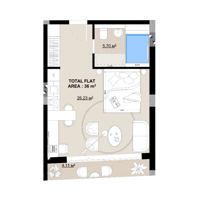 Buddha Club House Studio floor plan, 387 sqft