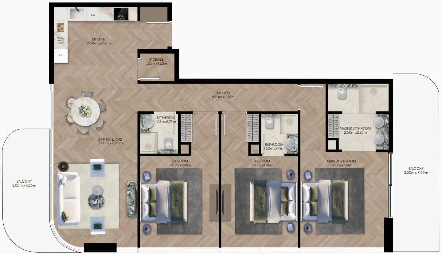 Elle Residences 3 bed floor plan, 1,618 – 1,619 sqft