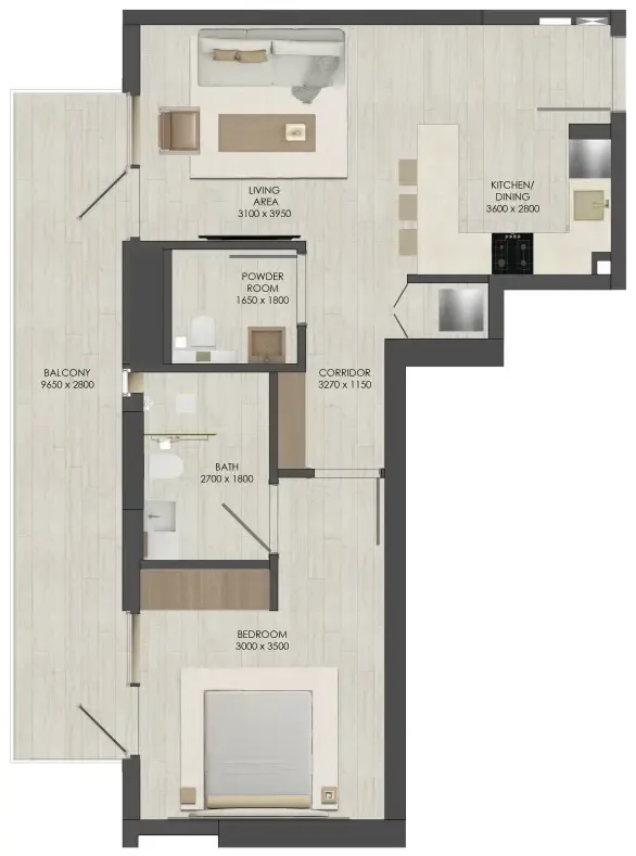 JAD 288 1 bed floor plan, 786 – 788 sqft