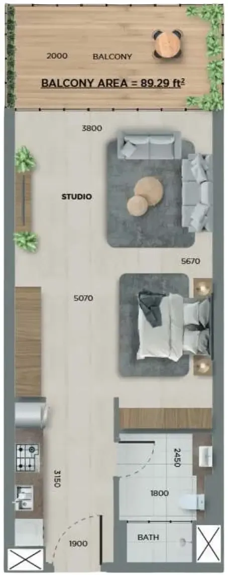 368 Park Ln. Studio floor plan, 442 sqft