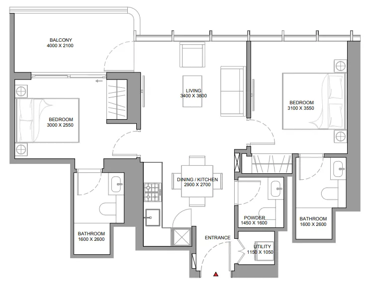 Sobha Aquamont 2 bed floor plan, 792 sqft