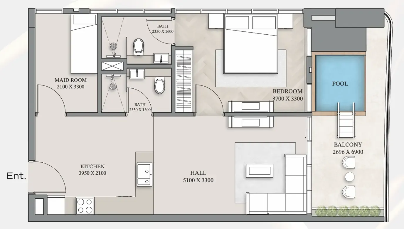Empire Gardens 1 bed floor plan, 868 – 869 sqft