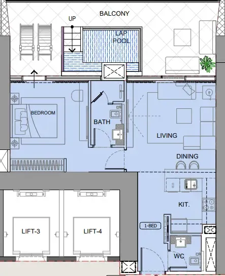 One by Binghatti 1 bed floor plan, 1,042 sqft