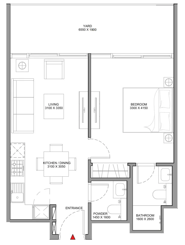 Beach Residences at Siniya Island 1 bed floor plan, 662 – 665 sqft