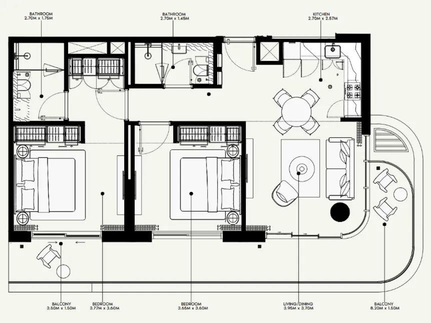 Azizi Venice 2 bed floor plan, 1,108 sqft