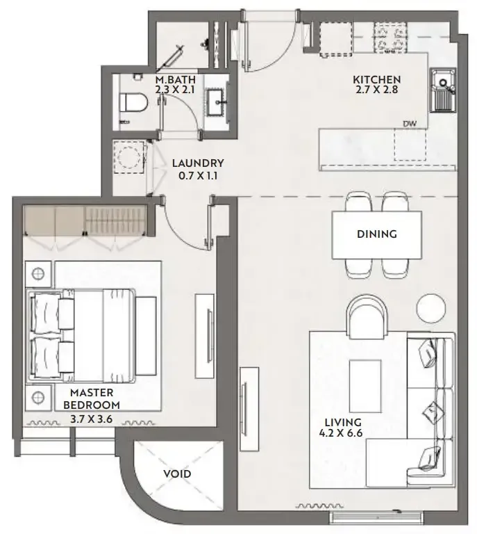 Cello by Taraf 1 bed floor plan, 733 sqft