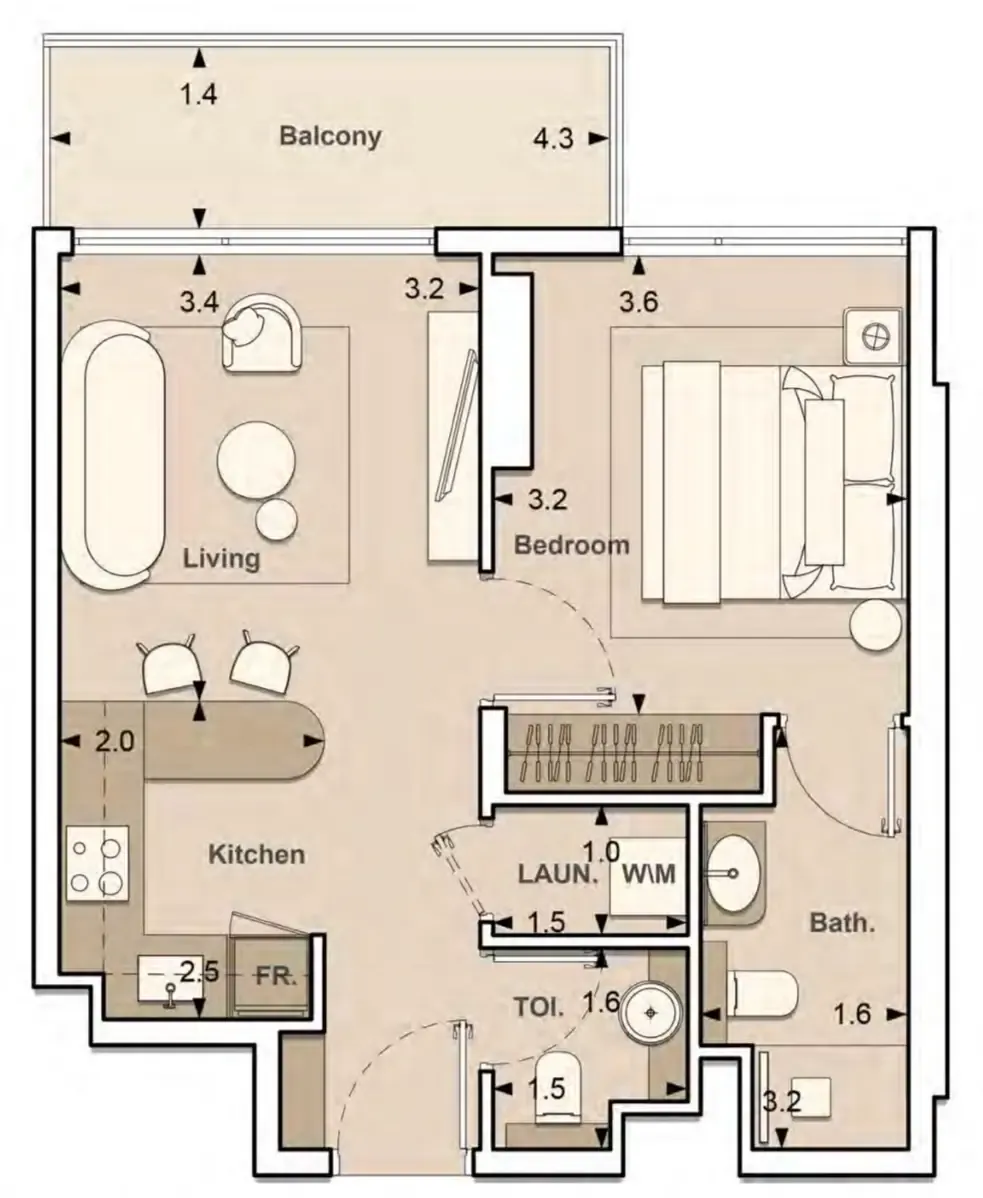 Lume Residences 1 bed floor plan, 563 sqft