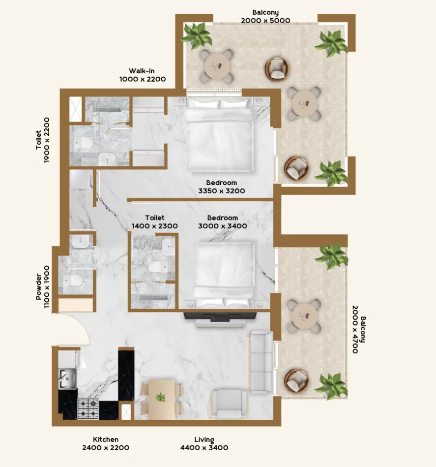 RR Residence 2 bed floor plan, 1,133 sqft