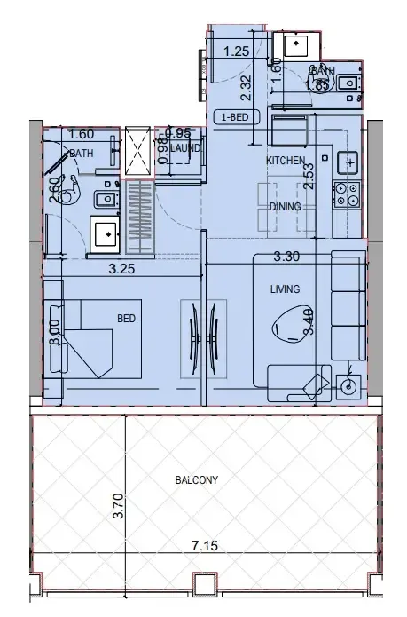 Binghatti Titania 1 bed floor plan, 842 sqft