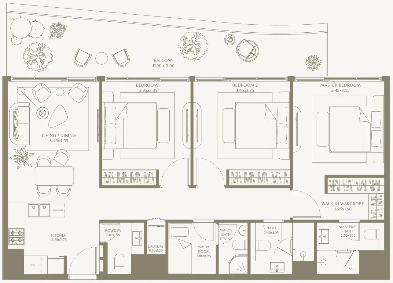 AYA Beachfront Residences 3 bed floor plan, 1,399 – 1,448 sqft