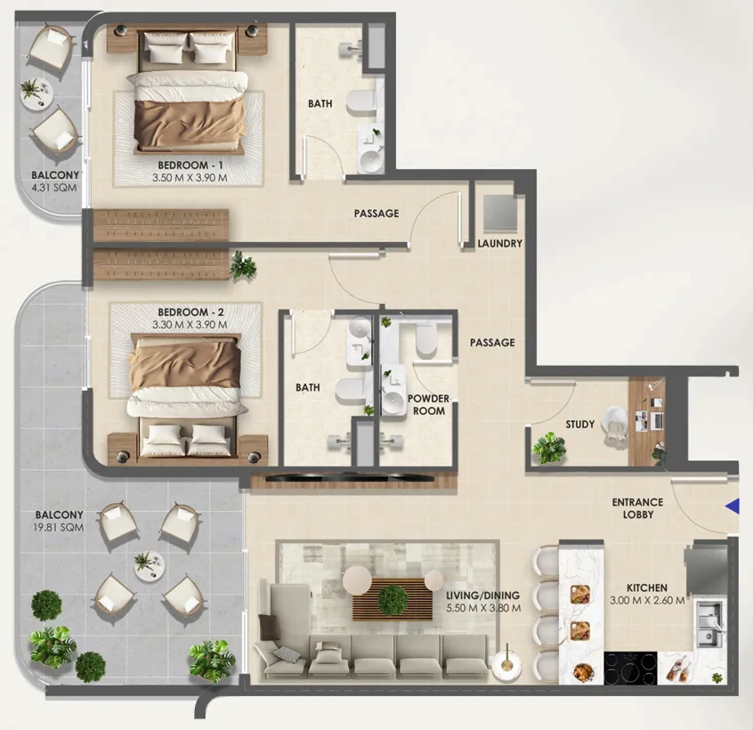Vivida Residences 2 bed floor plan, 1,279 sqft