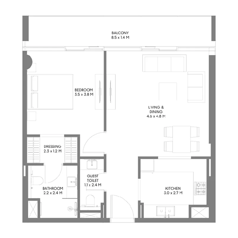 The Gate 5 1 bed floor plan, 872 sqft