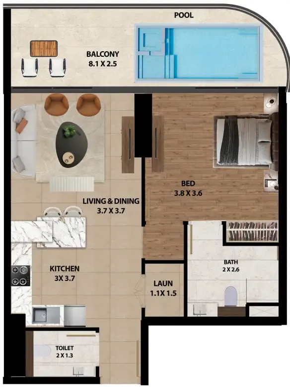 Marquis One 1 bed floor plan, 812 sqft