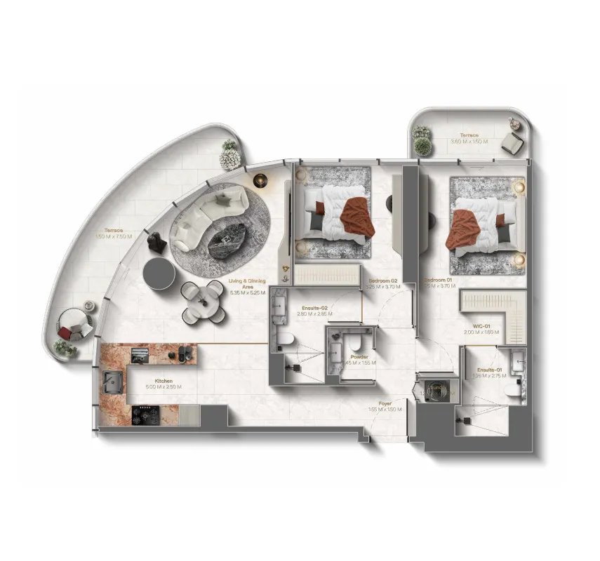 Le Château 2 bed floor plan, 1,255 sqft