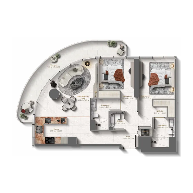 Le Château 2 bed floor plan, 1,268 sqft