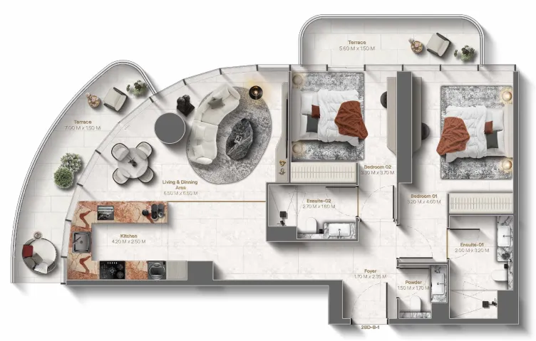 Le Château 2 bed floor plan, 1,248 sqft