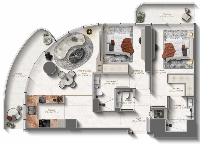 Le Château 2 bed floor plan, 1,264 sqft