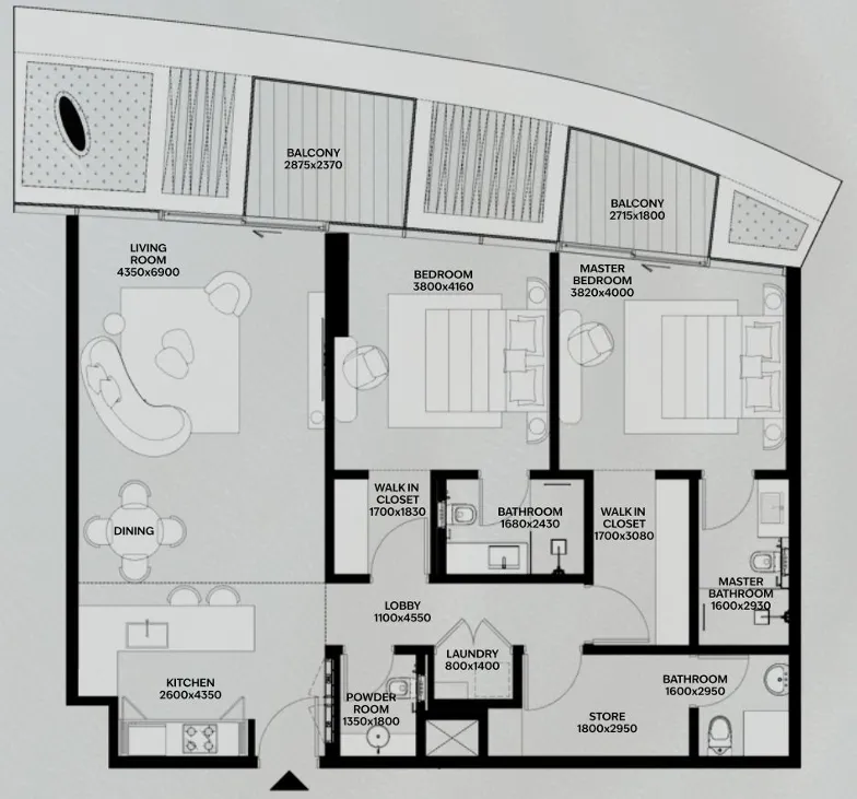 Lia by Avenew Development 2 bed floor plan, 1,380 – 1,394 sqft