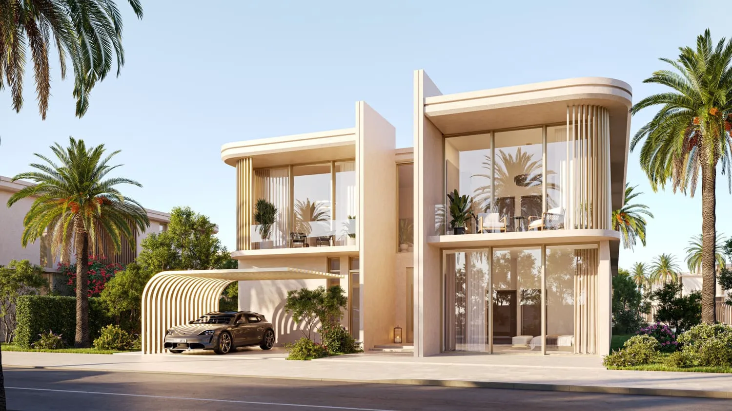 A villa from the street: a two-storey home with curved cream canopies and full-height glazing, a car under the carport and palms either side