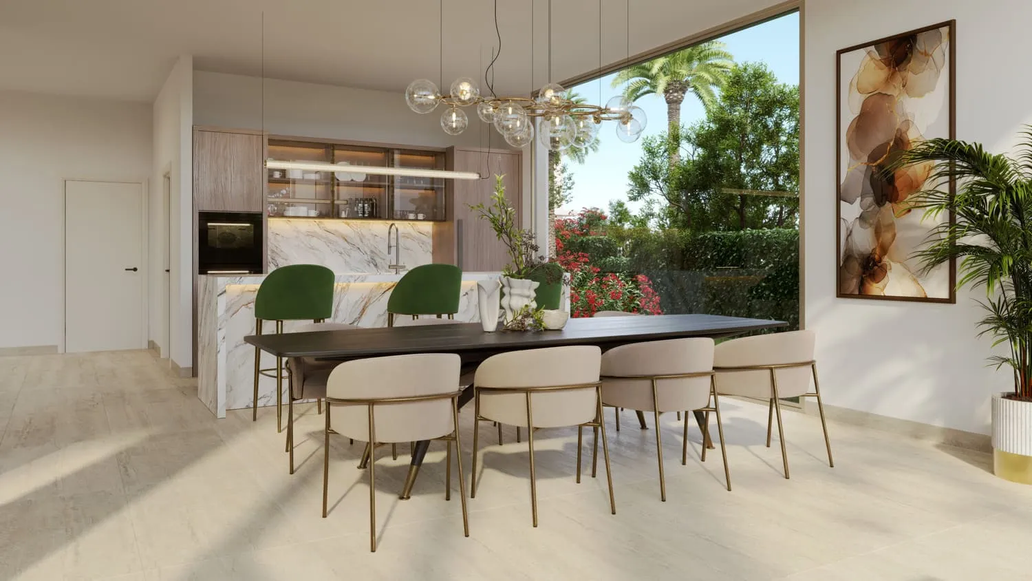 A kitchen and dining area: a marble island with green stools, a dark dining table with cream chairs, pendants and glazing to the garden
