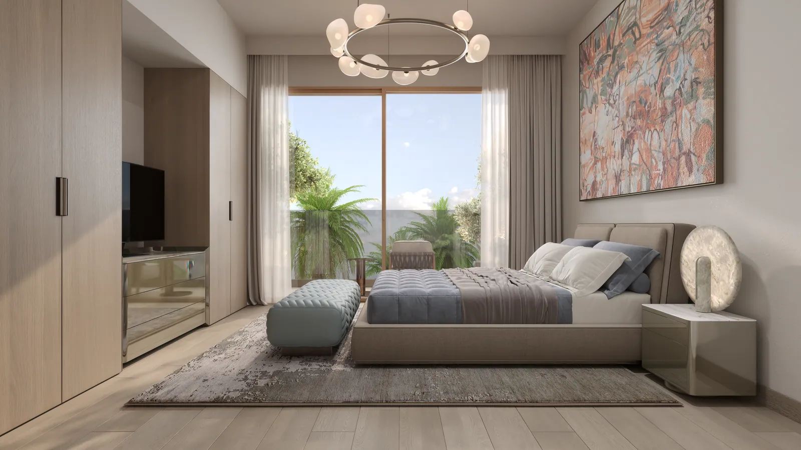A first-floor bedroom in a 3-bedroom duplex: a ring chandelier, a bed with a round lamp, a balcony door and a large abstract painting