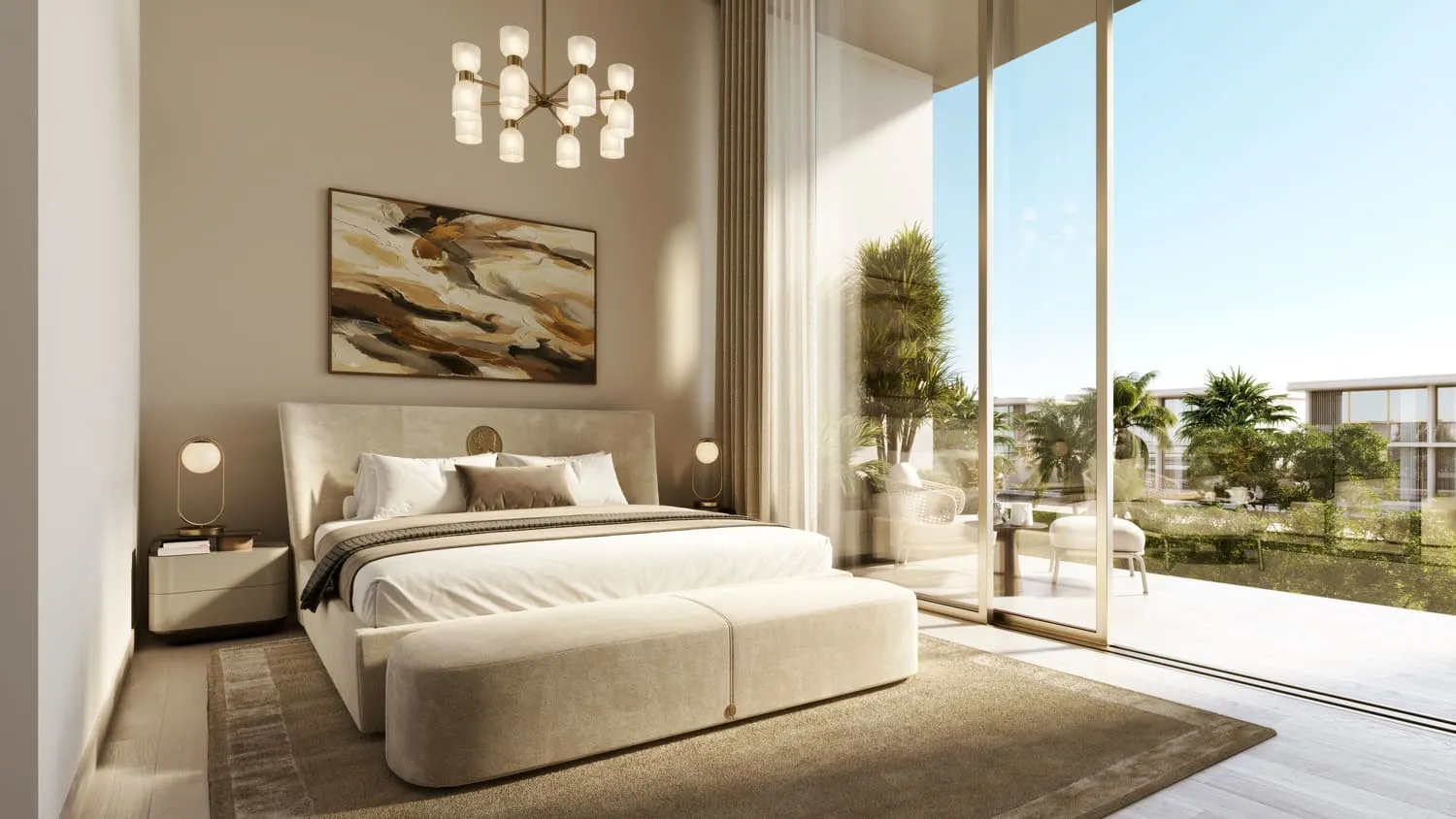 A bedroom with a wall of glazing to the garden, a cream headboard and a white chandelier