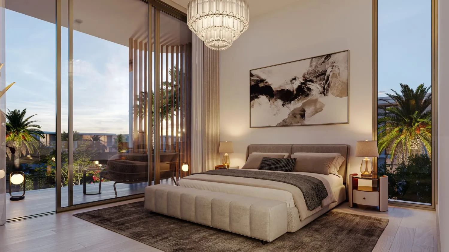 A bedroom with a crystal chandelier, a cream bed and sliding glass doors to a terrace with slatted screens