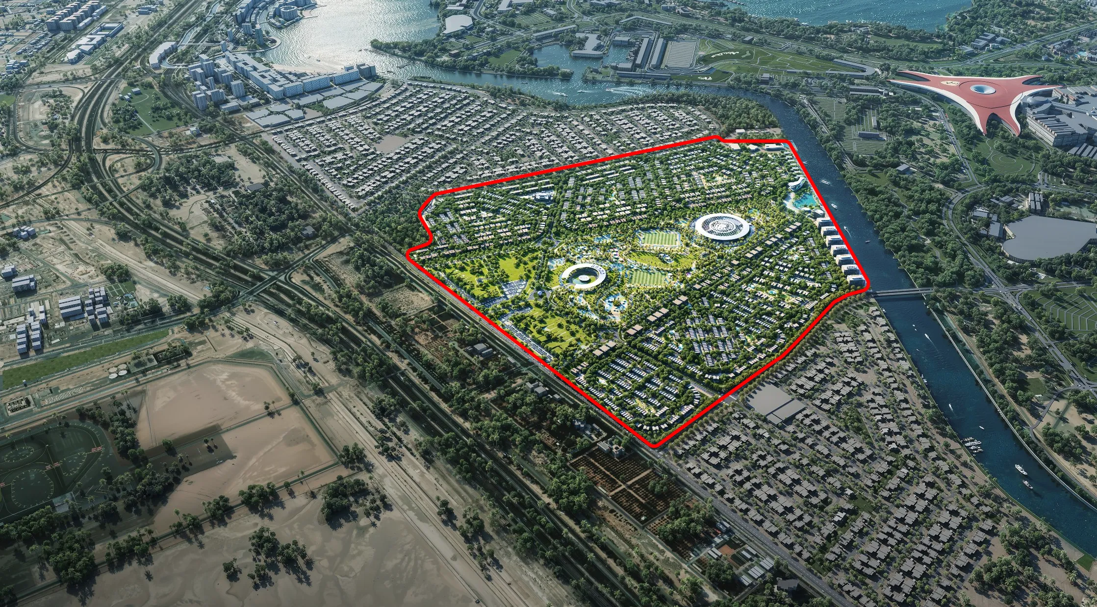 Satellite view of Yas Island with the community’s boundary outlined in red beside the canal and the masterplan rendered inside it, Yas Marina Circuit at the top right