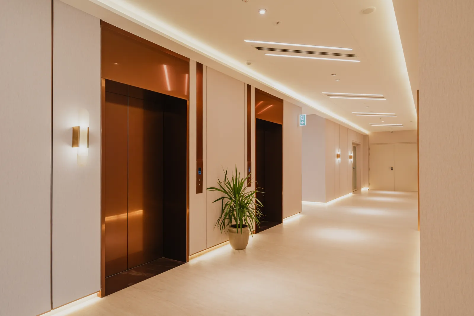 A residential lift lobby: bronze lift doors with brass wall lights, a plant, and the corridor running past apartment doors