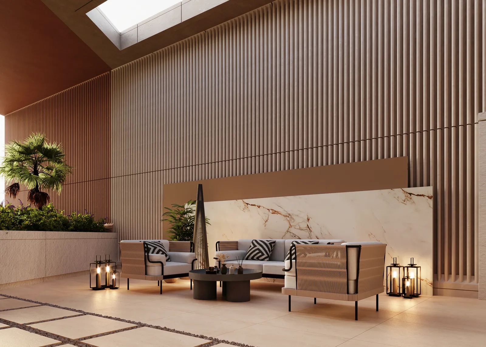A covered terrace lounge: a cream sofa and armchairs before a marble feature wall, lanterns on the floor, a fluted timber wall and a skylight above