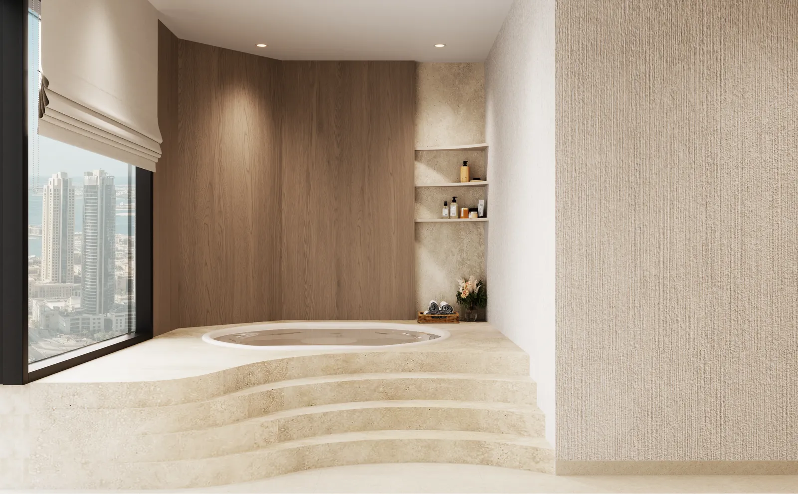 The spa pool: a sunken round pool on a stepped travertine plinth, a curved timber wall, a niche of bath oils and a window onto the towers